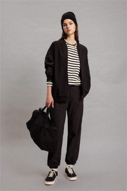 Oversize Geniş Kalıp Bomber Mont Ceket Kolej Yaka Basic Düz Fermuarlı Cepli