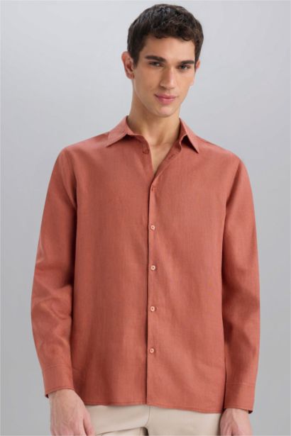 %100 Keten Regular Fit Polo Yaka Yazlık Basic Düz Uzun Kollu Gömlek