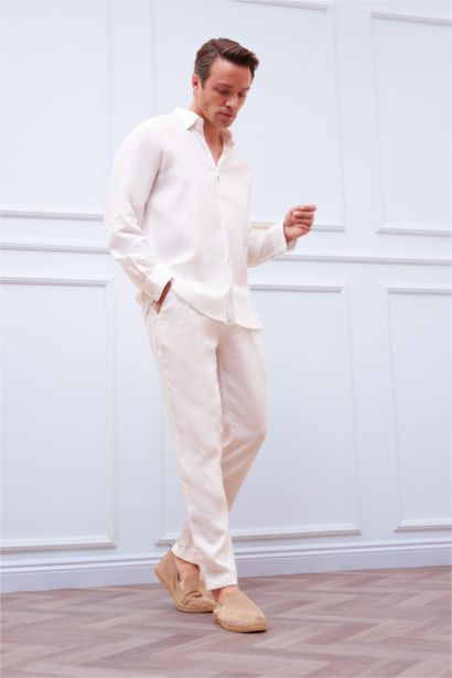 قميص صيفي كم طويل 100% كتان قصة عادية بياقة بولو