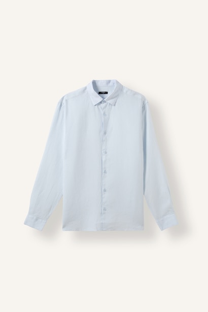 %100 Keten Regular Fit Basic Uzun Kollu Gömlek