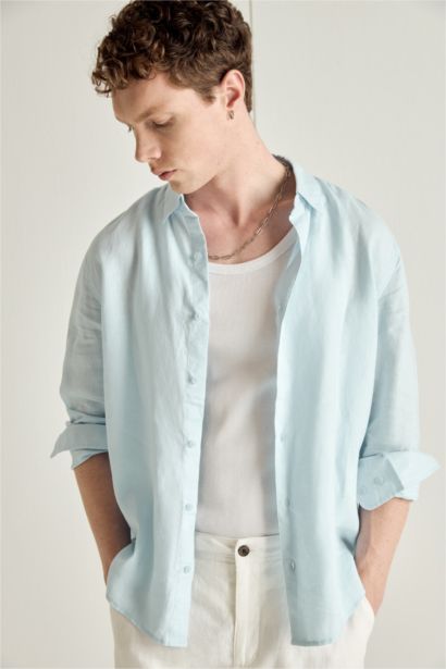 Regular Fit Polo Collar Linen Shirt