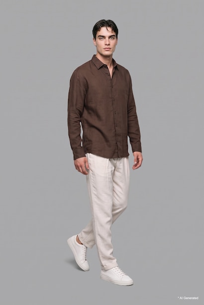 %100 Keten Regular Fit Basic Uzun Kollu Gömlek