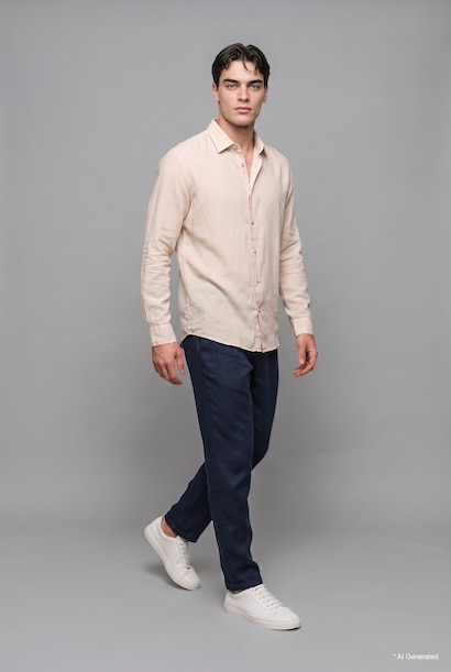 %100 Keten Regular Fit Basic Uzun Kollu Gömlek