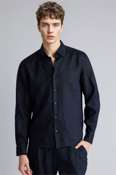 قميص من كتان كم طويل قصة عادية برقبة بولو