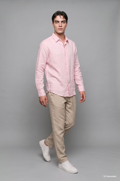 %100 Keten Regular Fit Basic Uzun Kollu Gömlek
