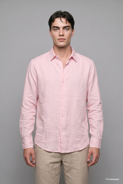 %100 Keten Regular Fit Basic Uzun Kollu Gömlek