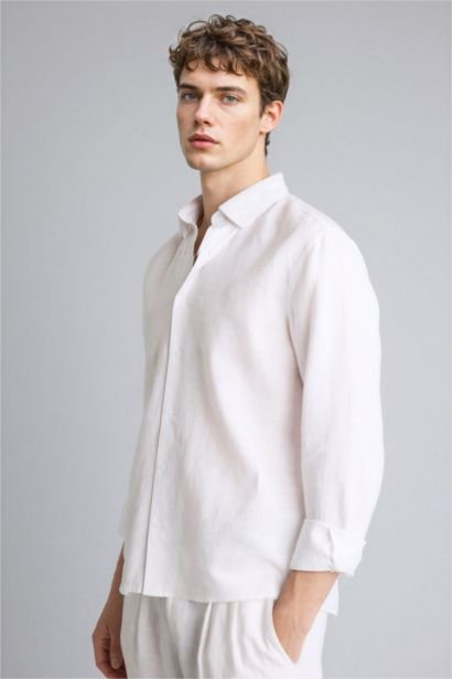 قميص كتان قصة عادية برقبة بولو