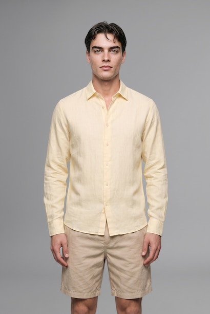 %100 Keten Regular Fit Basic Uzun Kollu Gömlek
