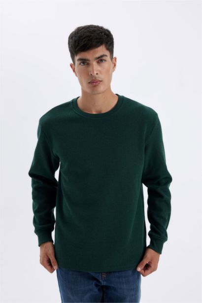 Regular Fit Bisiklet Yaka Waffle Uzun Kollu Tişört