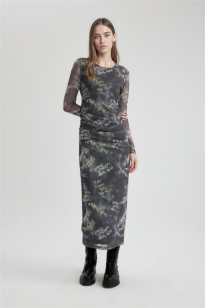 فستان طويل ردن طويل منقوش بوديكون