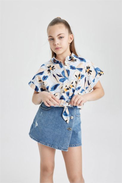 Girl Patterned Cotton Short Sleeve Crop Shirt