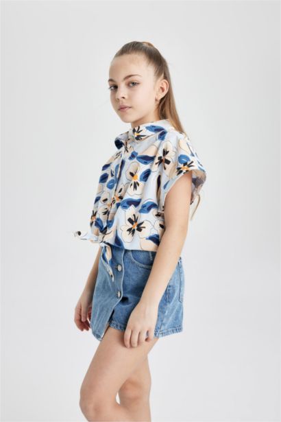 Girl Patterned Cotton Short Sleeve Crop Shirt