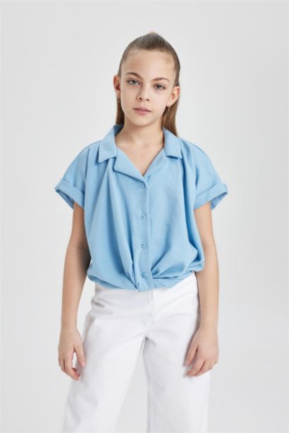Cropped Fit Pamuklu Kısa Kollu Gömlek Kız Çocuk
