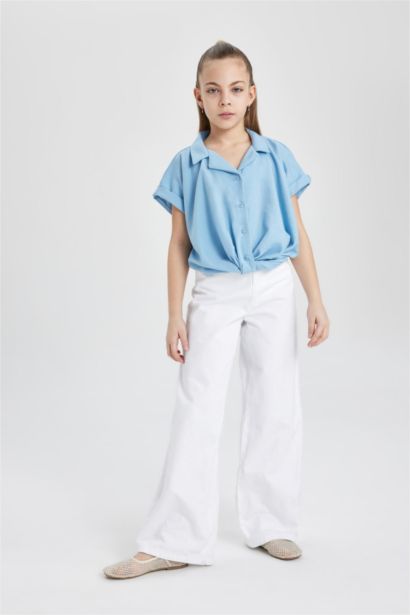Cropped Fit Pamuklu Kısa Kollu Gömlek Kız Çocuk