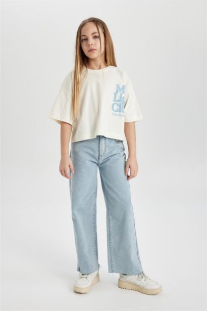 T-shirt crop imprimé à col rond et manches courtes pour fille