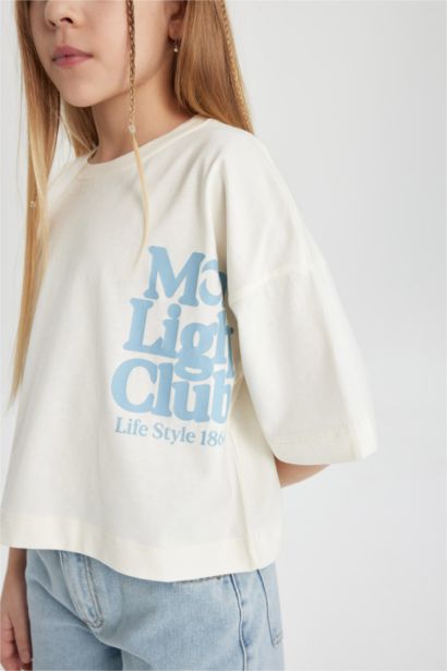 T-shirt crop imprimé à col rond et manches courtes pour fille