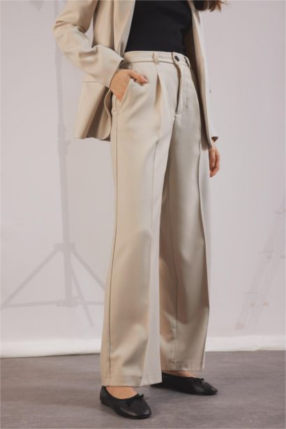 Wide Leg Pensli Klasik Palazzo Pantolon Geniş Bol Paça Basic Düz Uzun Boy Yüksek Bel Cepli