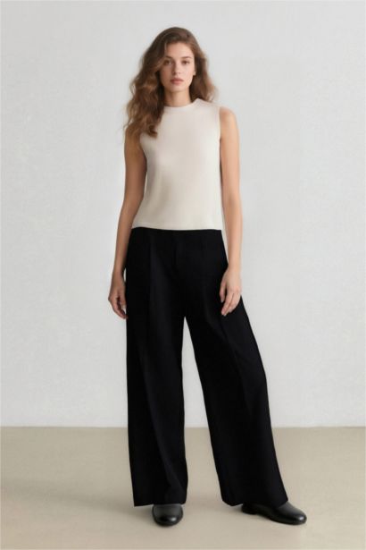 Wide Leg Pocket High Waist Basic Classic Blue Trousers