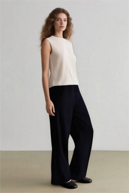 Wide Leg Pocket High Waist Basic Classic Blue Trousers