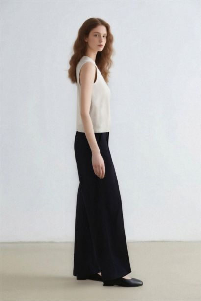 Wide Leg Pocket High Waist Basic Classic Blue Trousers