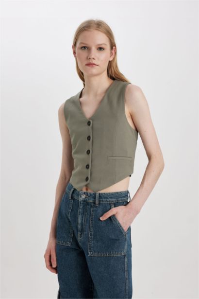 V Yaka Düğmeli Klasik Blazer Yelek