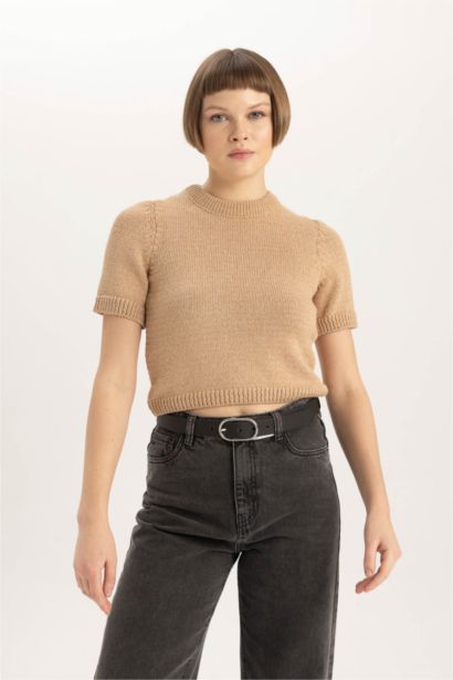Fitted Crew Neck Short Sleeve Knitted Pullover