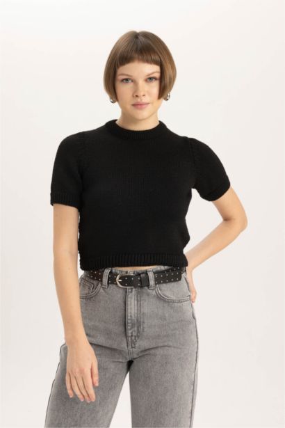 Fitted Crew Neck Short Sleeve Knitted Pullover