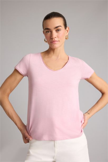 Базовая однотонная футболка Regular Fit с V-образным вырезом и коротким рукавом