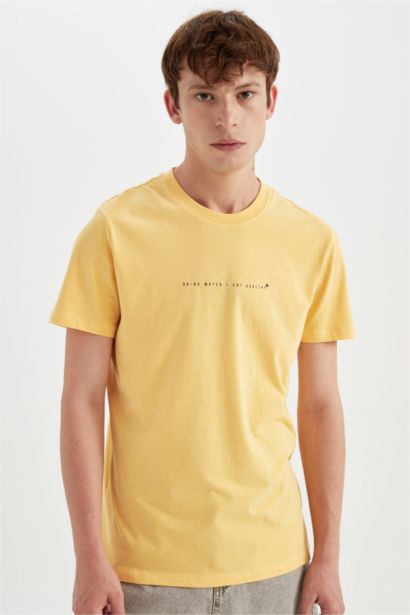 %100 Pamuk Slim Fit Dar Kesim Bisiklet Yaka Baskılı Kısa Kollu Tişört