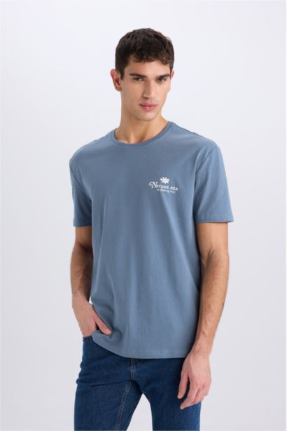 تيشيرت قطن نص كم مطبوع قصة عادية برقبة مستديرة