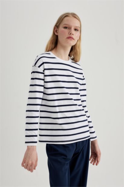 Regular Fit Striped Cotton Basic Long Sleeve T-Shirt