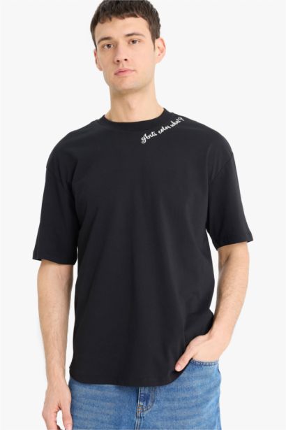 تي قطن شيرت أوفر سايز مطبوع برقبة مستديرة