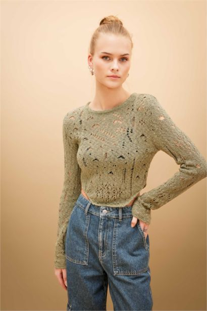 Slim Fit Crew Neck Openwork Knitted Pullover