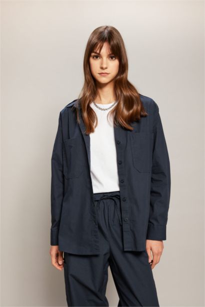 تونيك كم طويل بوبلين قصة مريحة وياقة قميص