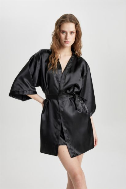 Regular Fıt V Yaka Saten Uzun Kollu Sabahlık