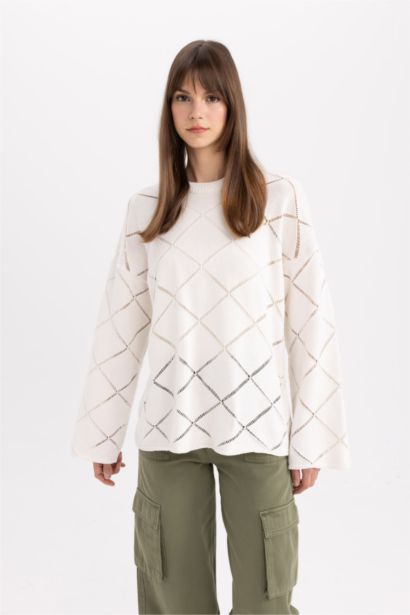 Regular Fit Bisiklet Yaka Ajur Triko Kazak Tunik