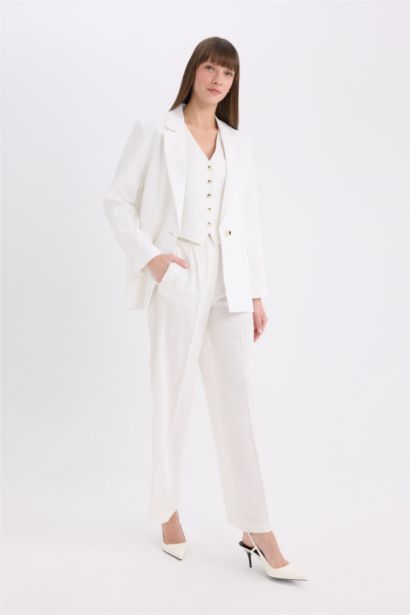 Pantalon long large en lin mélangé taille haute avec poches