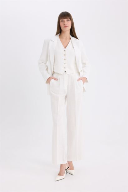 Pantalon long large en lin mélangé taille haute avec poches