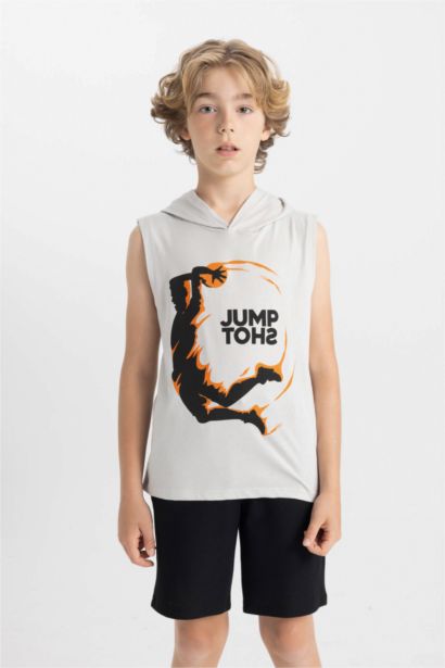 Boy Printed Hooded Undershirt Shorts 2 Piece Set