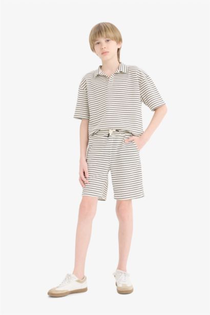 2'li Takım Çizgili Kısa Kollu Polo Tişört Beli Lastikli Şort Erkek Çocuk