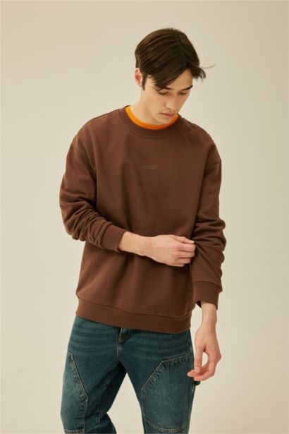 Boxy Fıt Bisiklet Yaka Baskılı Sweatshirt