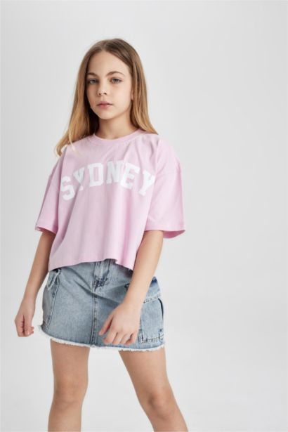 T-shirt Crop top imprimé à col rond et manches courtes pour fille