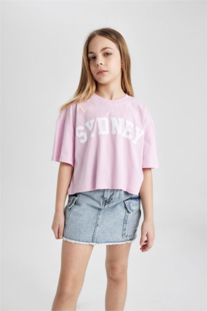 T-shirt Crop top imprimé à col rond et manches courtes pour fille
