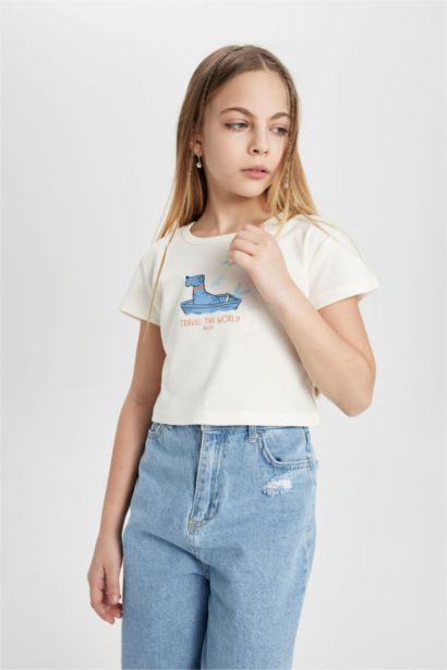 Bisiklet Yaka Baskılı Ribana Kısa Kollu Tişört Kız Çocuk