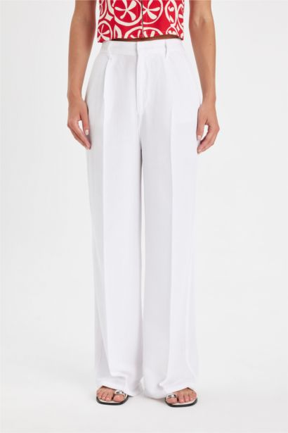 Wide Leg Pocketed High Waist Linen Blend Trousers