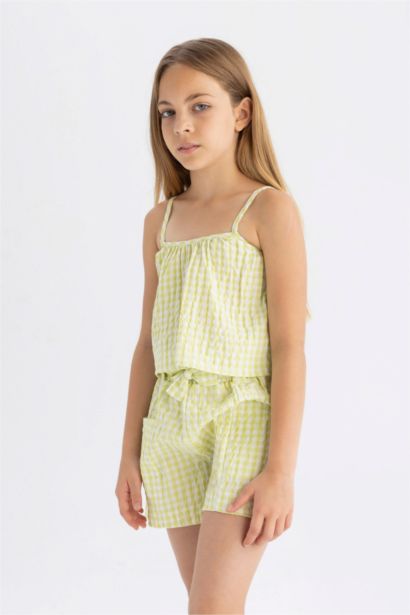 بلوزة بناتي كاروهات بحمالات أصفر