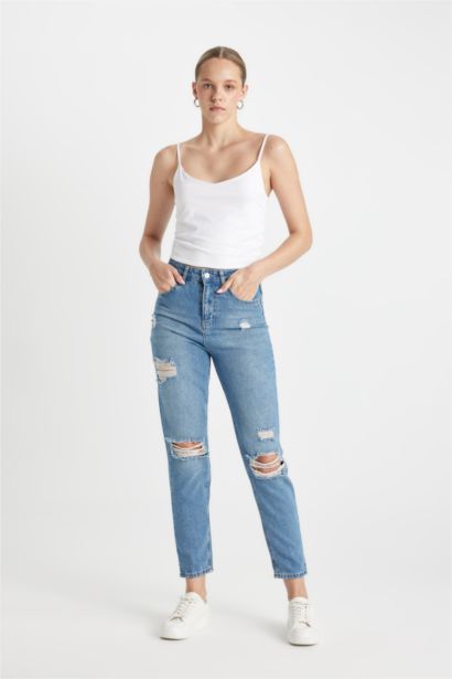 Pantalon Mom Jean Délavé Taille Haute avec Détail Déchiré