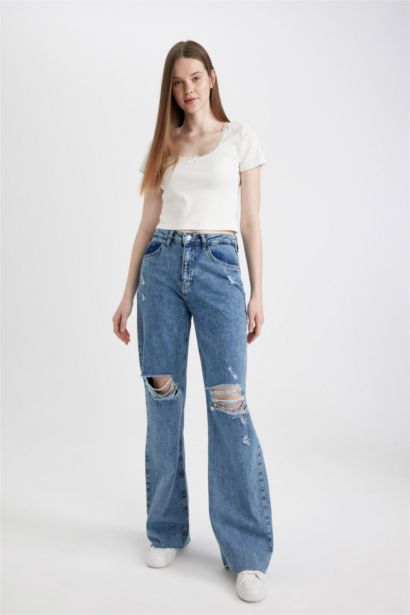Pantalon Jean Large Déchiré à Taille Haute et Jambes Longues des Années 90