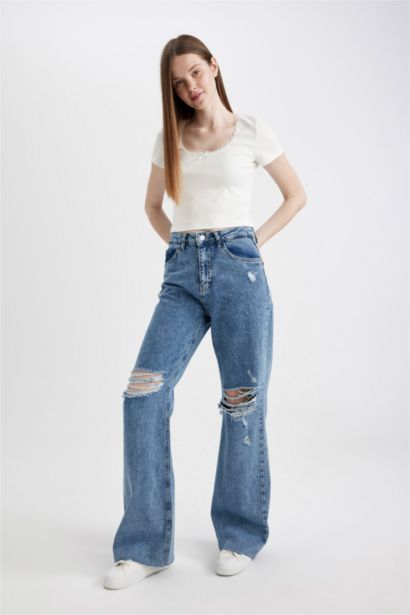 Pantalon Jean Large Déchiré à Taille Haute et Jambes Longues des Années 90