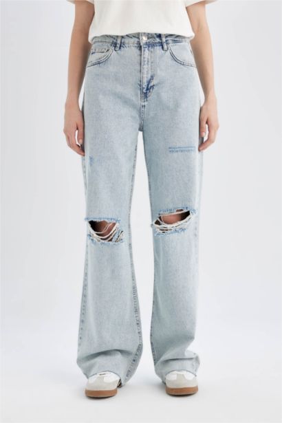 Pantalon en Jean Large délavé à Taille Haute avec Détails Déchirés
